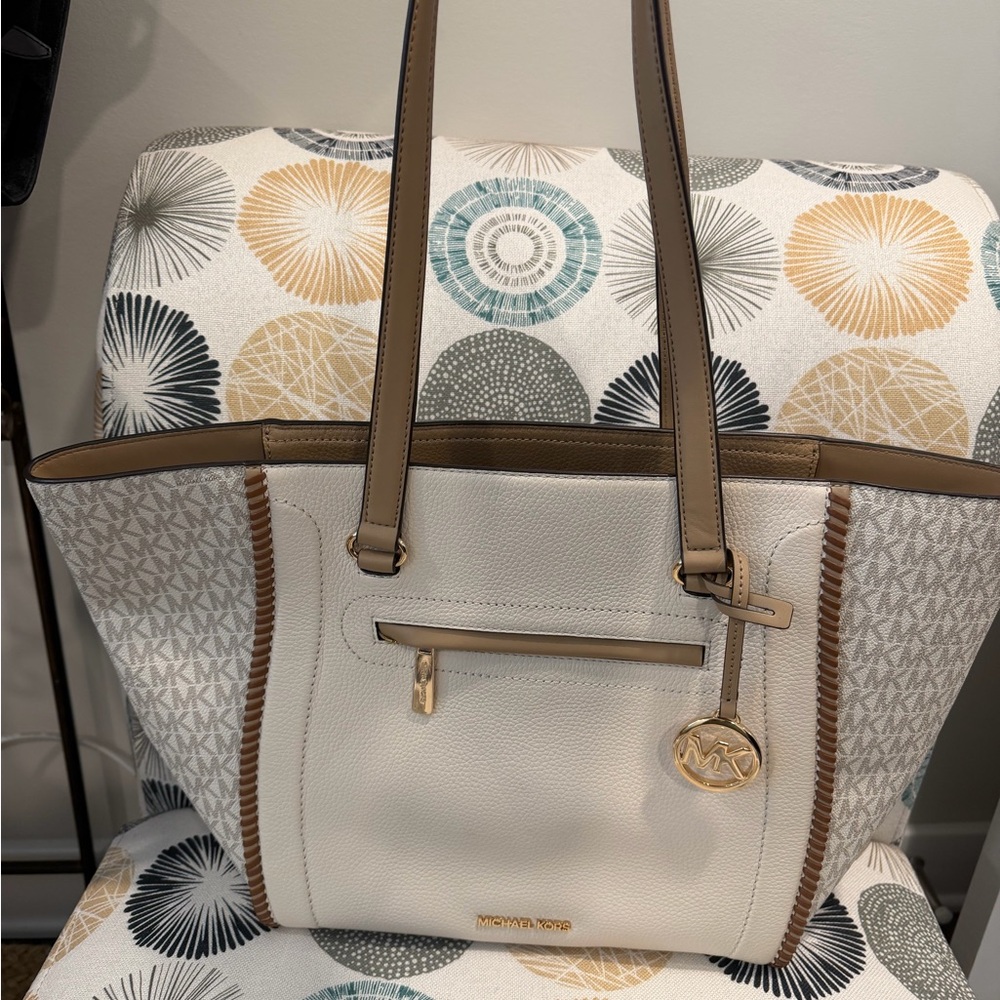 Michael Kors White and Tan Signature Tote Bag